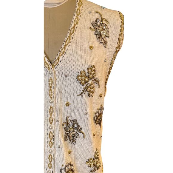 Claudia D Holiday Sweater Vest Women's XL Cream Pearl Gold Silver Beads Christma - Picture 9 of 10